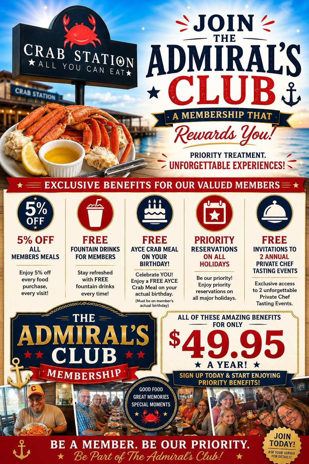 Admiral's Club membership benefits, $49.95 a year